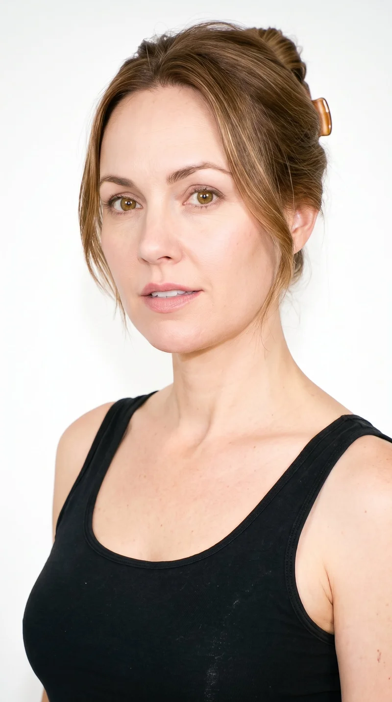A 40-year-old Caucasian woman with fair skin and a warm golden undertone has a round face with soft, full contours and few angles. Her medium-thickness eyebrows frame amber eyes with a golden glow, and she has thin lips. Her light-brown hair is twisted up and secured with a claw clip, with relaxed ends.