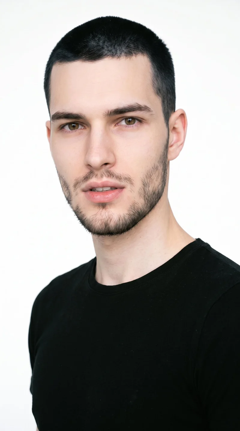 An 18-year-old Caucasian male with porcelain skin and a cool undertone has a square, angular face defined by a strong jaw and broad forehead. His eyebrows are thin, and his hazel eyes contain green-gold flecks. He has medium lips, black hair clipped into a very short, even buzz cut, and a short, even three-day beard with closely groomed texture.