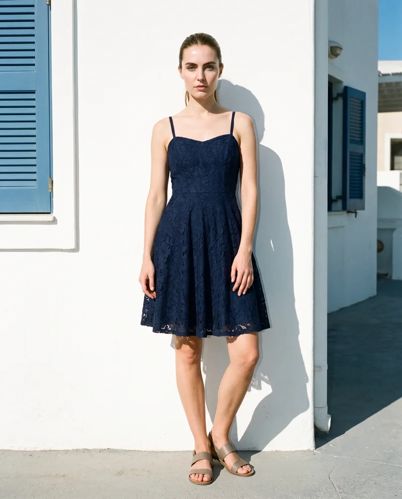 A 29-year-old Caucasian woman models a navy lace cocktail dress in an environmental front view, standing with one hip out and a serious expression. A Greek villa white-and-blue backdrop frames the scene.