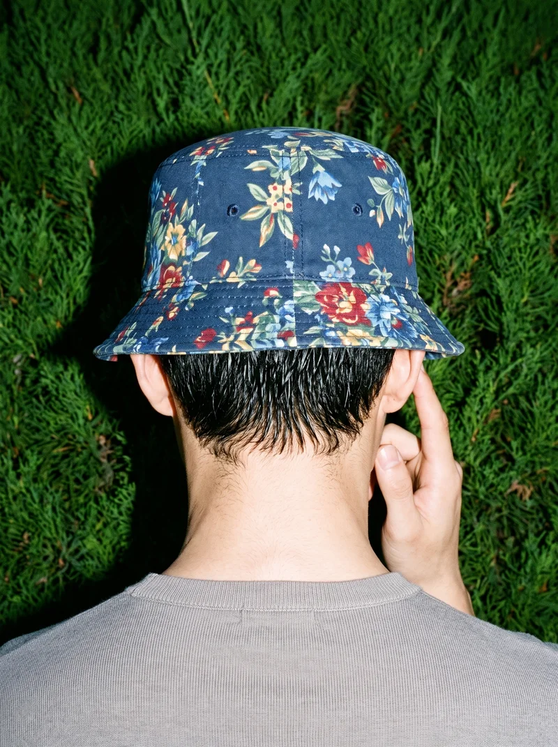 A 24-year-old Chinese man is shown from the back, wearing a men's floral print bucket hat with one finger at his temple. The image is framed around his head, with a Zen rock garden backdrop.