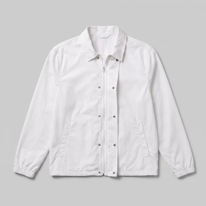 A white men's windbreaker jacket is laid flat in a mostly complete front view. It has a spread collar, dropped shoulder seams, full-length sleeves with elasticated cuffs, a full-length zipper beneath a snap-fastened placket, two angled lower welt pockets, and a straight hip-length hem.