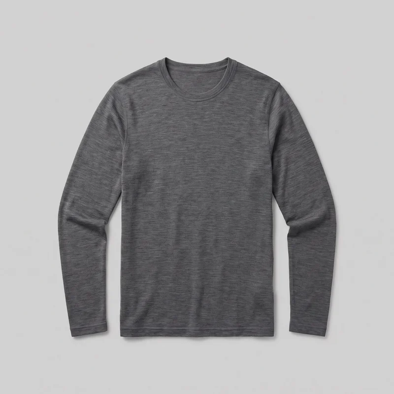 A men's grey merino thermal top is shown laid flat in a standalone front view. The full-length knit top has a regular straight silhouette, long sleeves with plain straight cuffs, a rounded crew neckline with a narrow bound neckband and visible stitching, set-in sleeve seams, and a straight bottom hem. Its exterior has a fine horizontal heathered knit texture, with no visible pockets, closures, logos, prints, patches, embroidery, or embellishments.