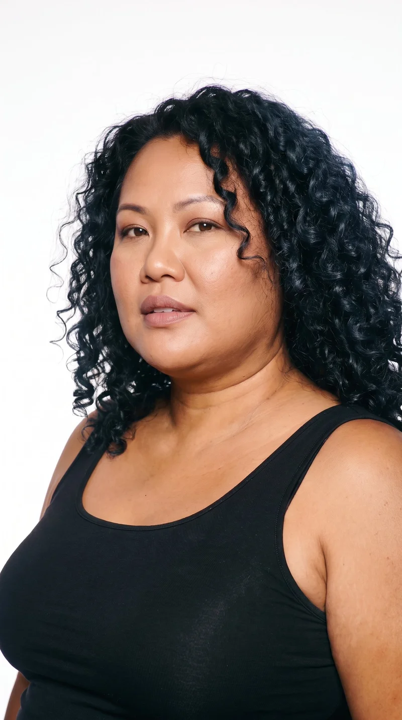 A 45-year-old Southeast Asian woman with medium-brown caramel skin and a neutral undertone. Her face is elongated with refined features and high cheekbones, giving it an aristocratic structure. She has thin eyebrows, very dark near-black eyes, and medium lips. Her black hair is styled in defined, springy curls with natural volume.