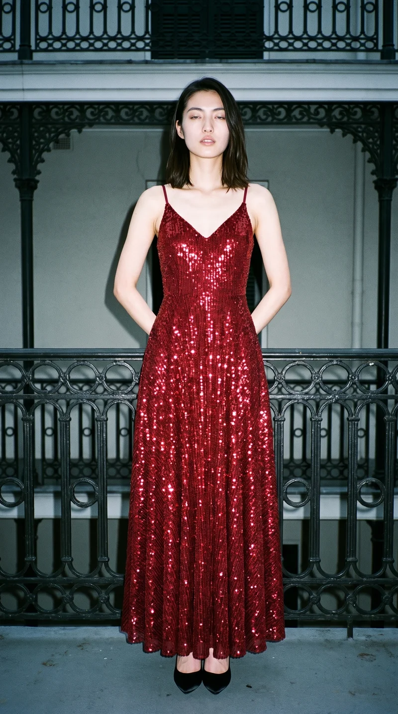 A 24-year-old Japanese woman wears a red sequin evening gown in a full-body front view. She stands with her hands behind her back and a soft facial expression, with a wrought iron balcony backdrop.