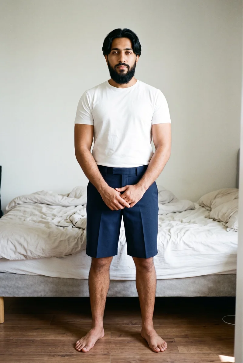 A 25-year-old Arab man models navy tailored shorts in a full-body front view, standing with his hands in front and a neutral expression. A bedroom backdrop fills the setting.
