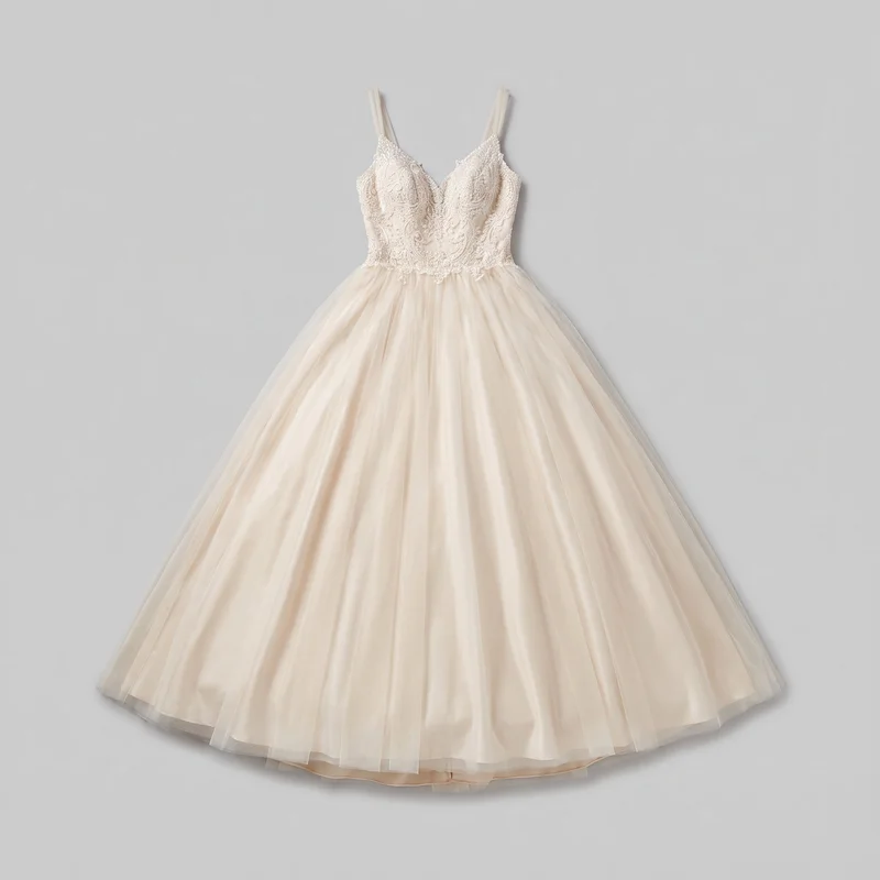 Champagne women's formal bridal ball gown shown in a mostly complete front view, laid flat. The sleeveless dress has narrow shoulder straps, a deep V neckline, a fitted bodice with ornate floral and scroll appliqué in raised beaded texture, a defined waist seam, and a full gathered floor-length skirt with layered translucent panels and a softly curved hem.