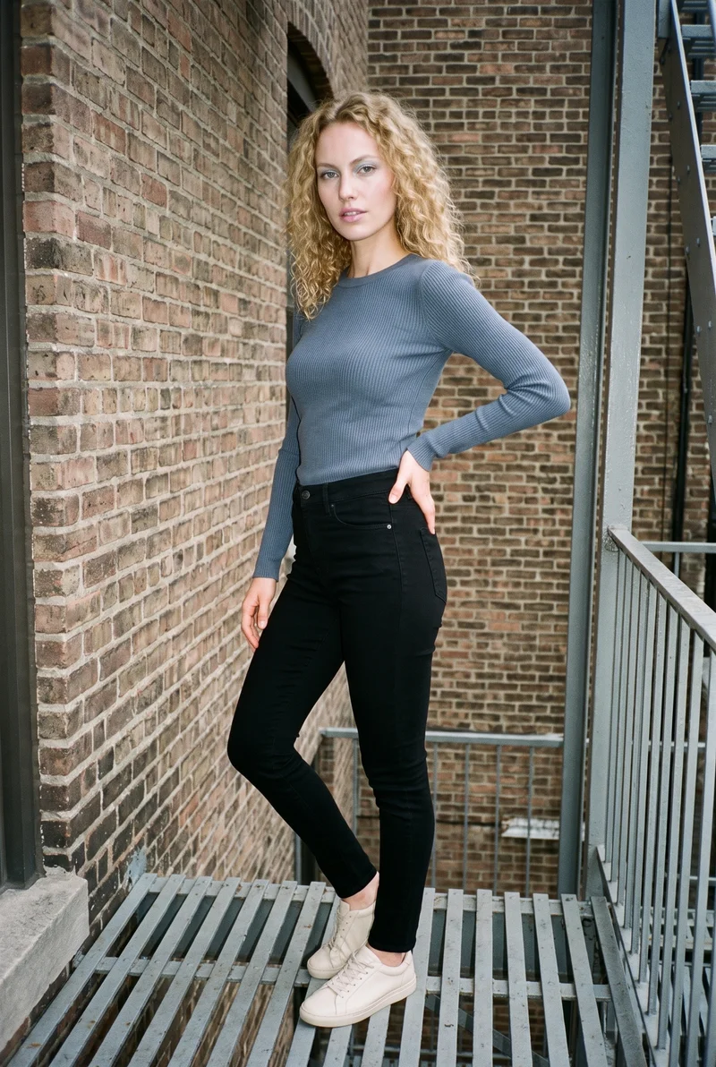 A 23-year-old Slavic woman wears black skinny jeans in a full-body front three-quarter view, with one hand on her hip and a neutral expression. A fire escape serves as the backdrop.