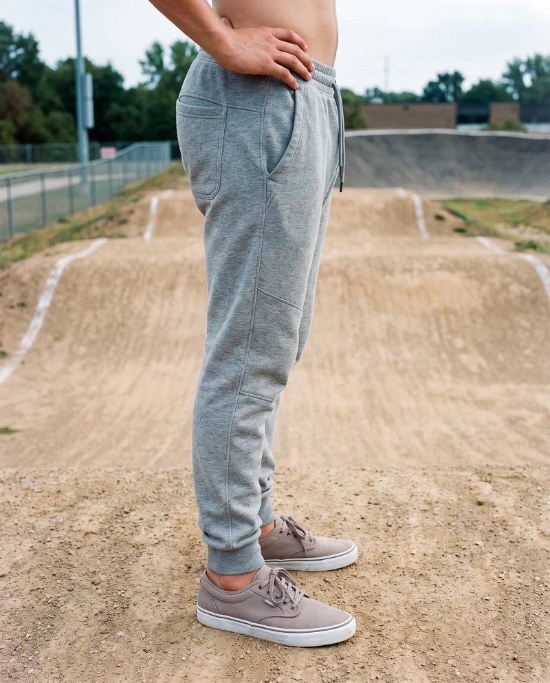 Men's Grey Tapered Performance Joggers, Lower body at Side, Clean Catalog lighting