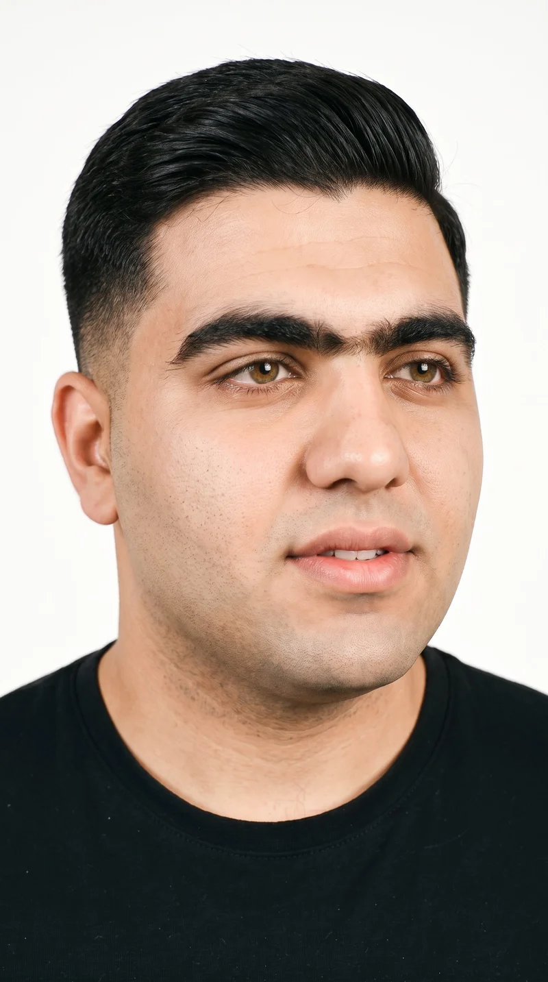 This 21-year-old Arab man has warm honey-toned skin with an olive-green undertone. His face is round, with soft, full contours, gentle curves, and few angles. He has thick eyebrows, amber eyes with a golden tone, and full lips. His deep black hair is combed to one side along a defined part. He is clean-shaven, with smooth skin across his face.