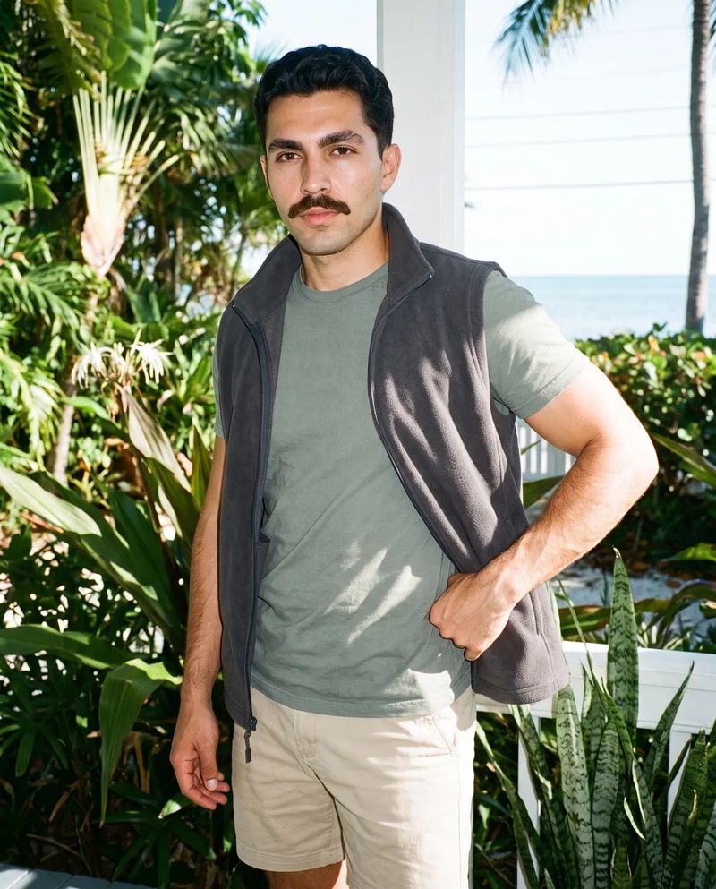 A 24-year-old Hispanic man wears a grey fleece gilet, shown in a three-quarter-length front view with one hand on his waist and a serious expression. A Key West porch serves as the backdrop.