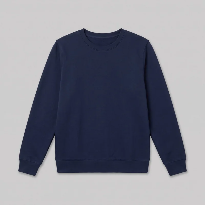 A navy cotton crewneck sweatshirt is shown laid flat in a mostly complete standalone front view. It has a slightly relaxed straight silhouette, long set-in sleeves, a round ribbed neckline, ribbed cuffs, and a wide ribbed bottom hem, with visible shoulder, armhole, and side seams. No closure, pockets, logos, prints, patches, embroidery, or embellishments are visible.