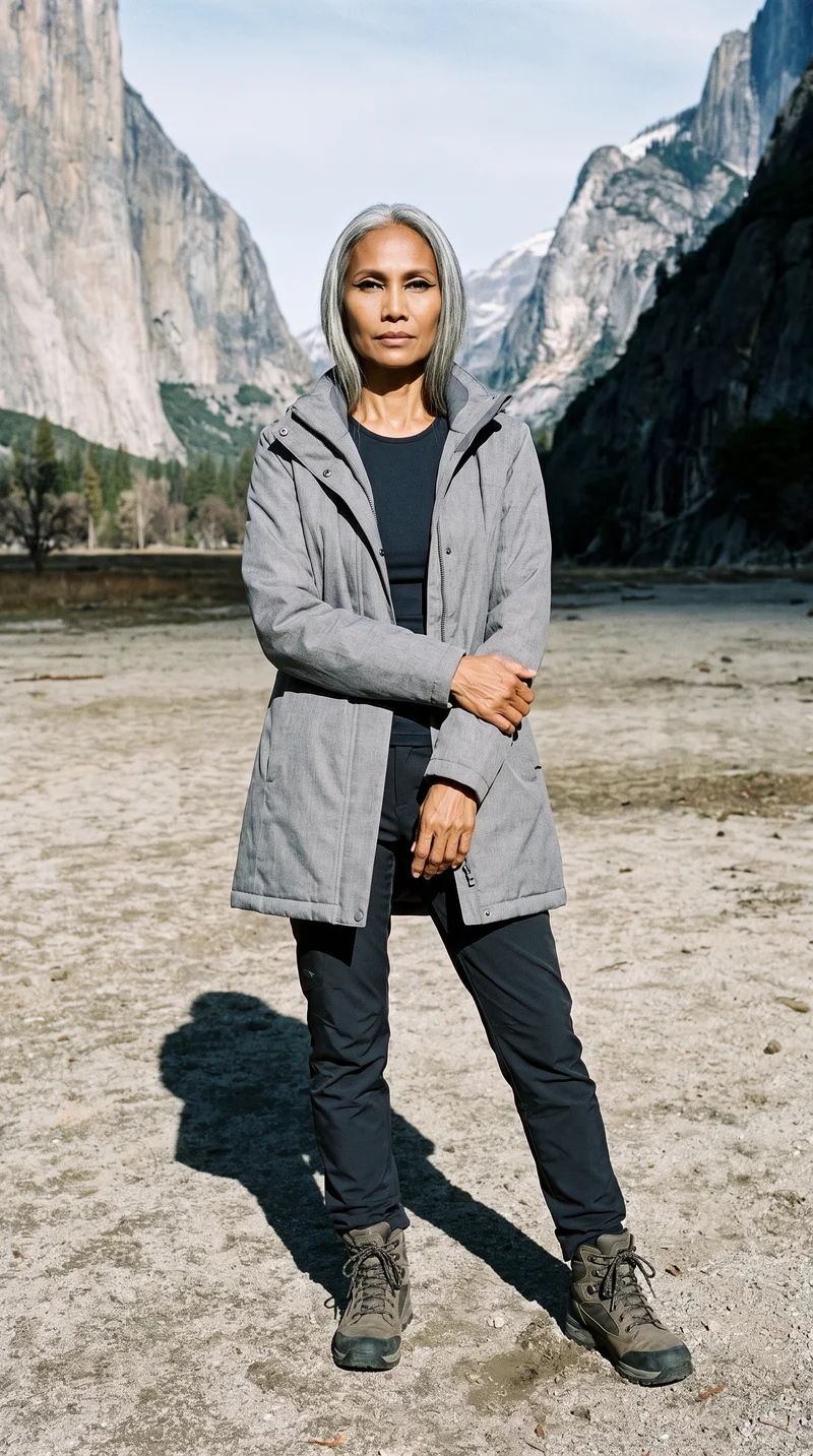 A 49-year-old Southeast Asian woman wears a women's grey longline parka in a full-body front view, standing with her arms lowered and a fierce expression. Yosemite Valley appears as the backdrop.