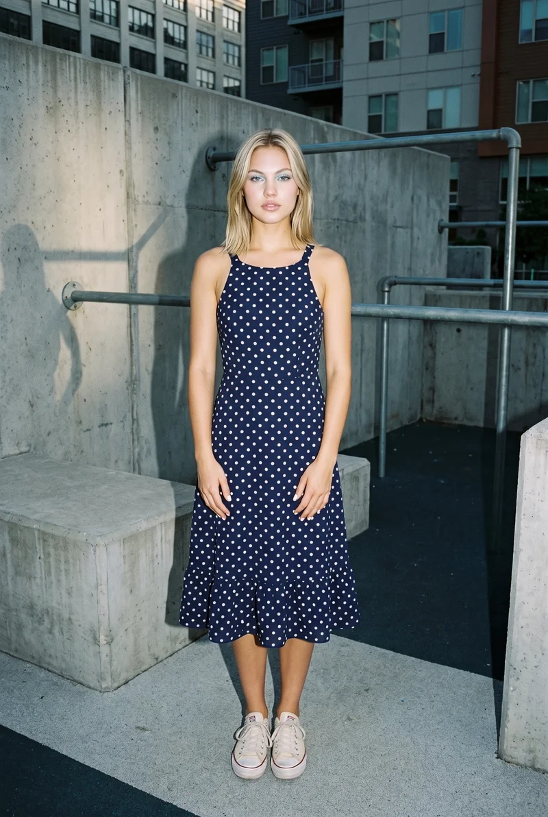 A 20-year-old Caucasian woman wears a navy polka-dot midi dress in a full-body front view, standing with her hands in front and a natural facial expression. Parkour urban obstacles form the backdrop.