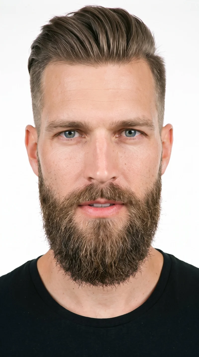 A 33-year-old Caucasian man with lightly tanned fair skin and a cool undertone. His face is square, with a broad forehead and a strong, defined angular jaw. He has medium-thickness eyebrows, cool-toned blue eyes, and medium lips. His ash-brown hair has a cool undertone and is styled in an undercut, with longer hair on top and markedly shorter sides and back. A full beard grows evenly and continuously across his cheeks, jaw, and chin.