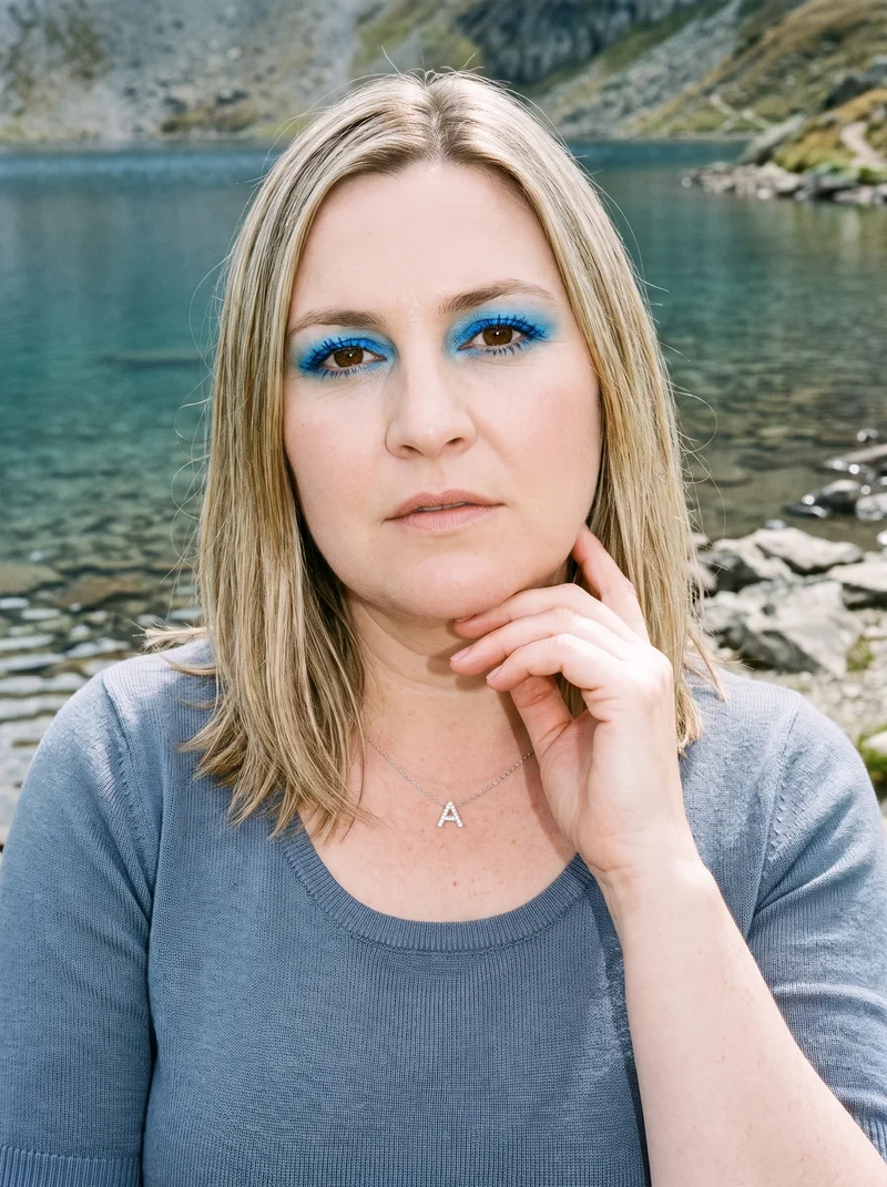 A 46-year-old Caucasian woman wears a women's initial pendant, shown in a bust-length front three-quarter view with one hand at her jaw and an intense expression. An alpine lake shore serves as the backdrop.
