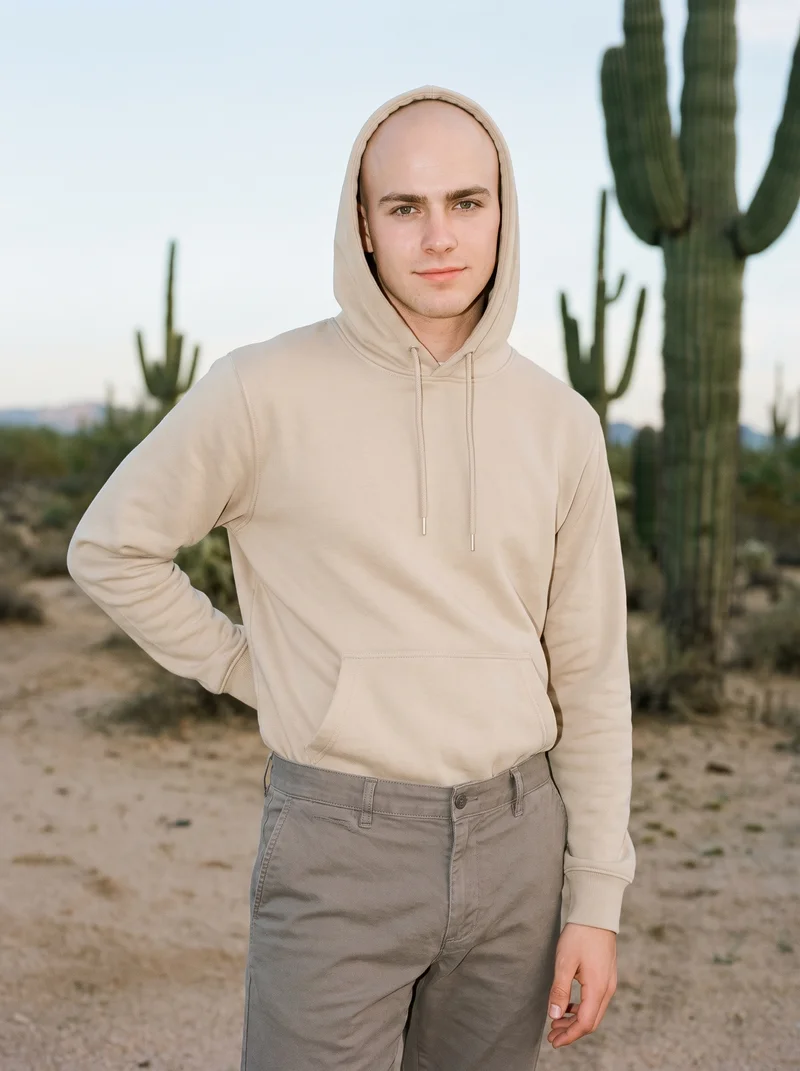 Men's Cream Pullover Hoodie, Three-quarter length at Front, Natural E-Commerce lighting