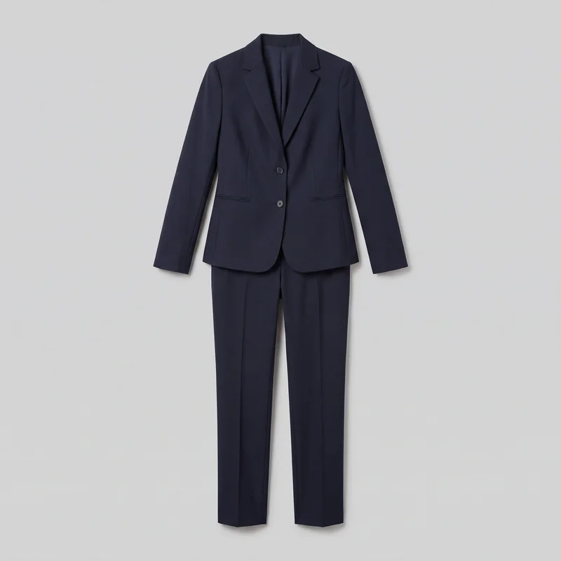 A navy women's two-piece pantsuit is laid out together in a complete front-facing view against an unspecified backdrop. The matching suit includes a single-breasted blazer with structured shoulders, long sleeves, a notched lapel collar, two-button closure, curved hip-length hem, vertical shaping seams, and horizontal welt pockets. Straight full-length trousers with pressed center creases and plain hems extend below the blazer.