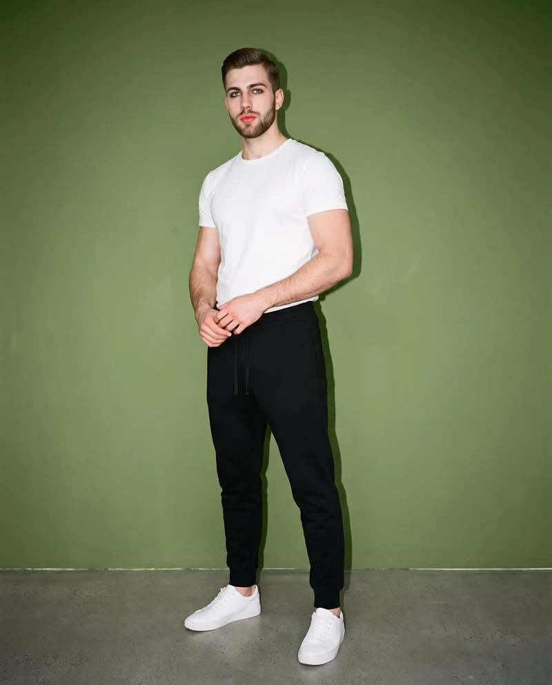A 21-year-old Caucasian male model wears black joggers in a full-body, angled front view with his hands positioned in front. An olive grove backdrop is visible behind him.