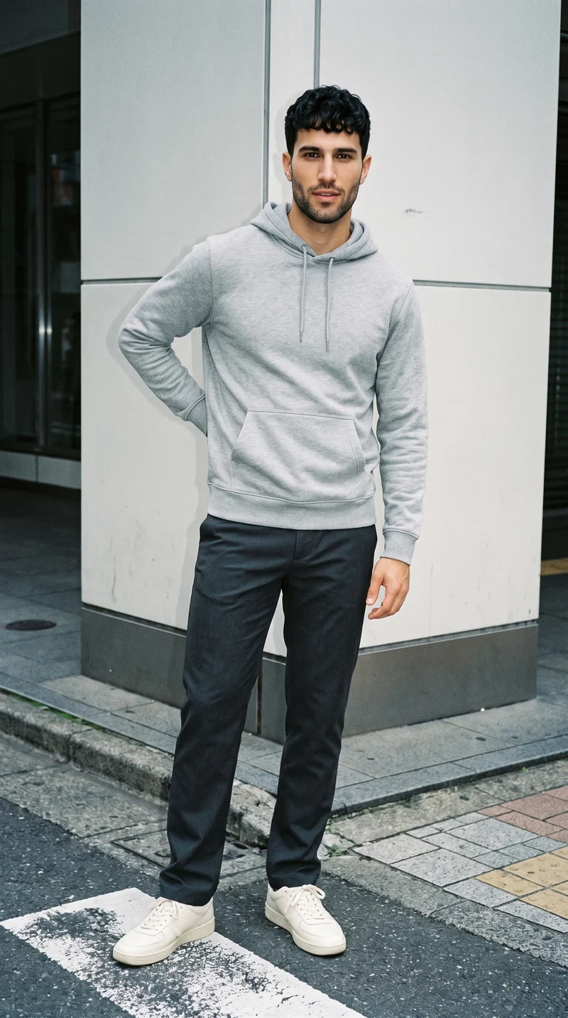A 25-year-old Caucasian man wears a grey pullover hoodie in a full-body front view, standing with one hand on his lower back and a natural facial expression. A Tokyo Crossing backdrop frames the scene.