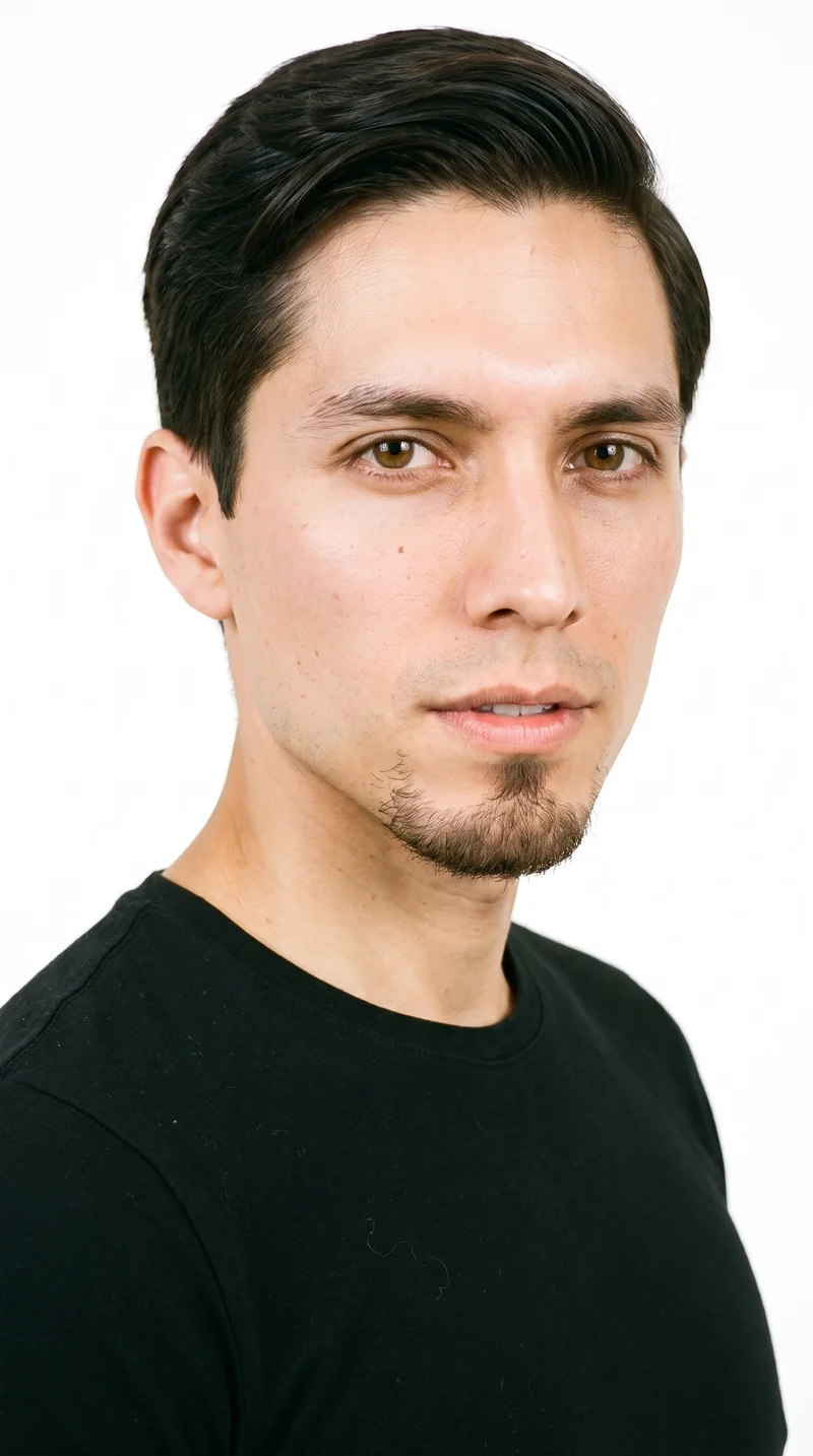 A 29-year-old Hispanic man with a medium skin tone and warm golden undertone. His oval face has balanced proportions and a softly rounded jaw, with medium-thickness eyebrows, hazel eyes containing green-gold flecks, and full lips. His dark-brown hair is combed to one side along a defined part. He has a compact goatee centered on the chin, with the cheeks kept clear.