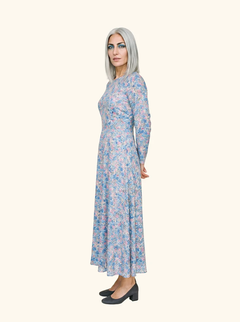 Floral Print Modest Maxi Dress, Full body at Three-quarter, Studio Cutout lighting