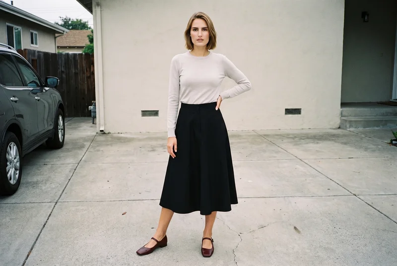 A 26-year-old Caucasian woman wears a black A-line skirt in a front-view environmental composition. She stands with one foot forward and a serious expression, with a suburban driveway as the backdrop.