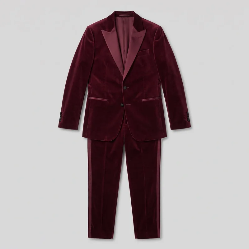 A complete front view of a burgundy velvet two-piece tuxedo, shown with the matching jacket and full-length straight-leg trousers laid flat or hung together. The single-breasted jacket has structured shoulders, peaked contrast lapels, a deep V opening, two buttons, a welt chest pocket, two lower welt pockets, four-button cuffs, curved front hem edges, and visible panel seams. The trousers feature pressed front creases and contrast side stripes along the outer legs.
