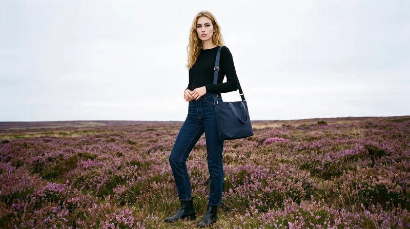 A 25-year-old Caucasian woman is shown full body from an angled front view with her hands held in front, wearing and displaying a navy shopper tote. Her expression is neutral, and a Scottish Highlands moor serves as the backdrop.