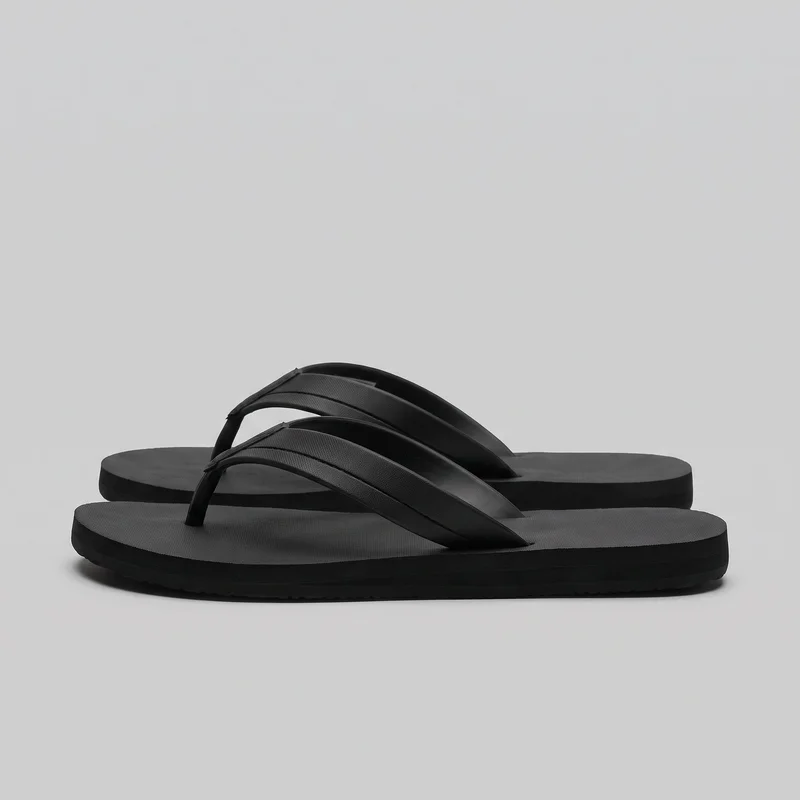 A pair of black flat thong flip-flop sandals overlap in a standalone side view. The open-toe, open-back sandals have rounded footbeds, central toe posts, broad Y-shaped instep straps with layered edges and slightly raised center panels, and low flat soles with subtle tread visible along the bottom edge.