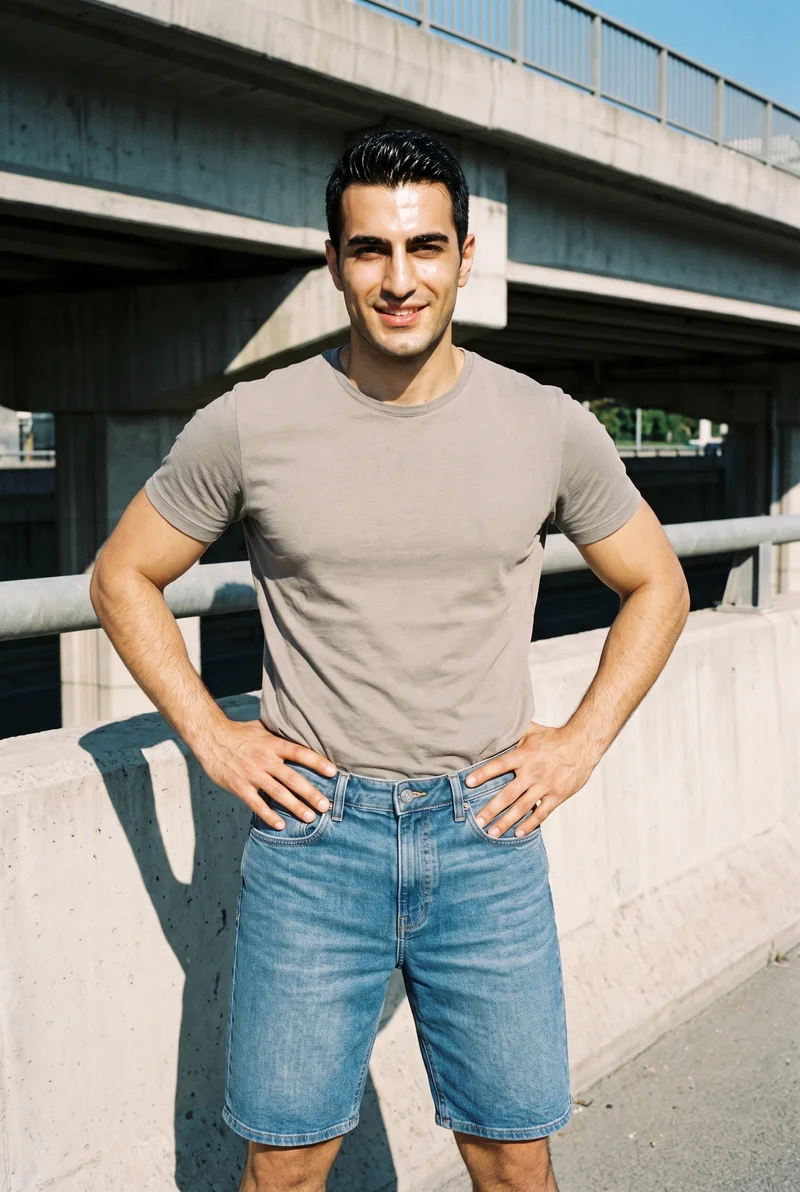 Men's Denim Shorts, Three-quarter length at Front, Flash Editorial lighting