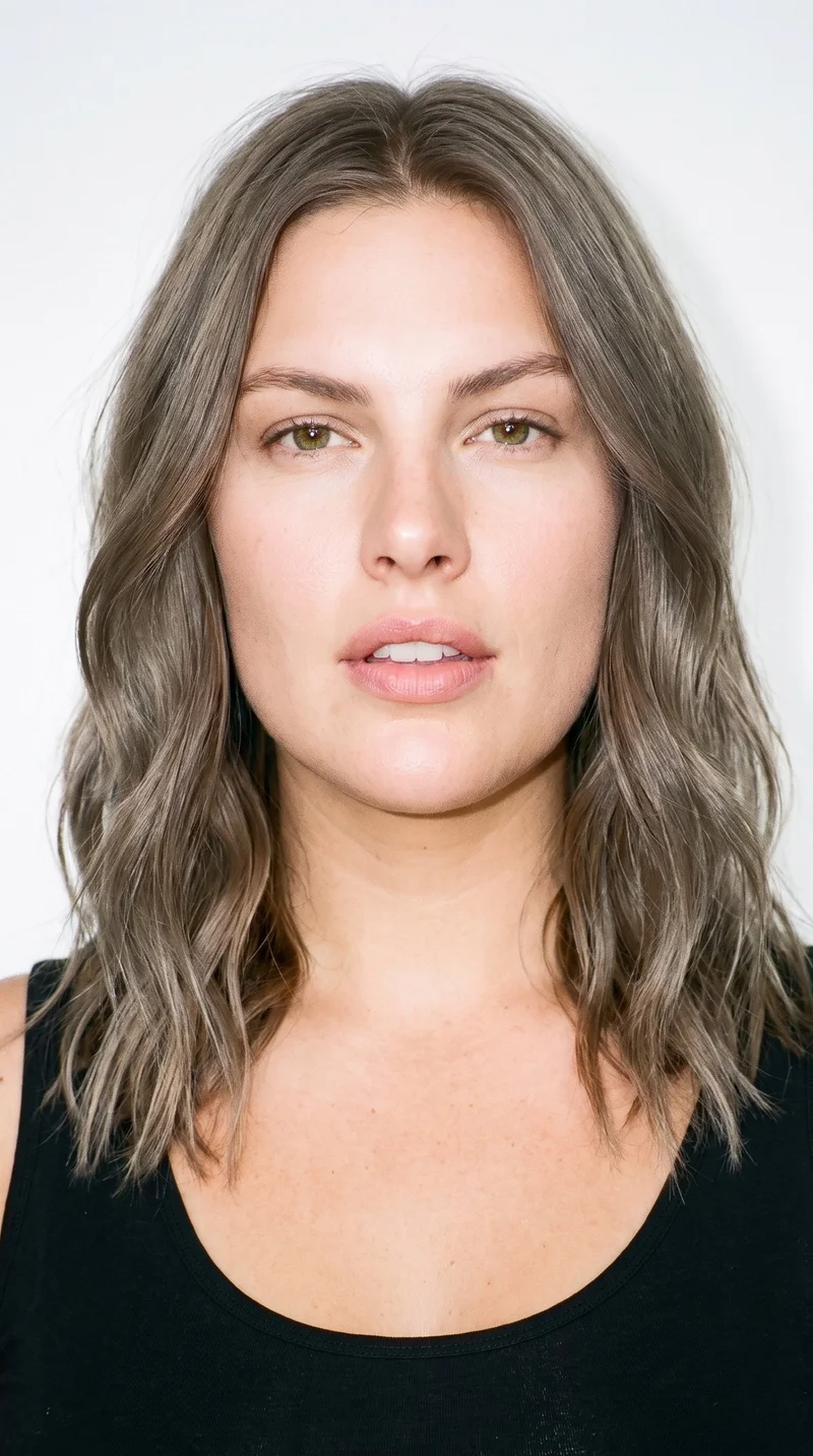 A 30-year-old Caucasian woman with medium, evenly warm skin and an elongated face with refined features and high cheekbones. She has thick eyebrows, cool-toned blue eyes, and medium-sized lips. Her ash-brown hair has a cool undertone and falls in loose, slightly tousled waves with natural volume.