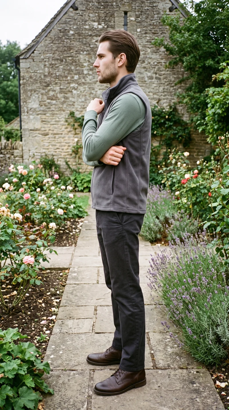 A 19-year-old Slavic man is shown full body in side view wearing a grey fleece gilet. He holds himself in a self-hug pose with a neutral expression, against a cottage garden backdrop.