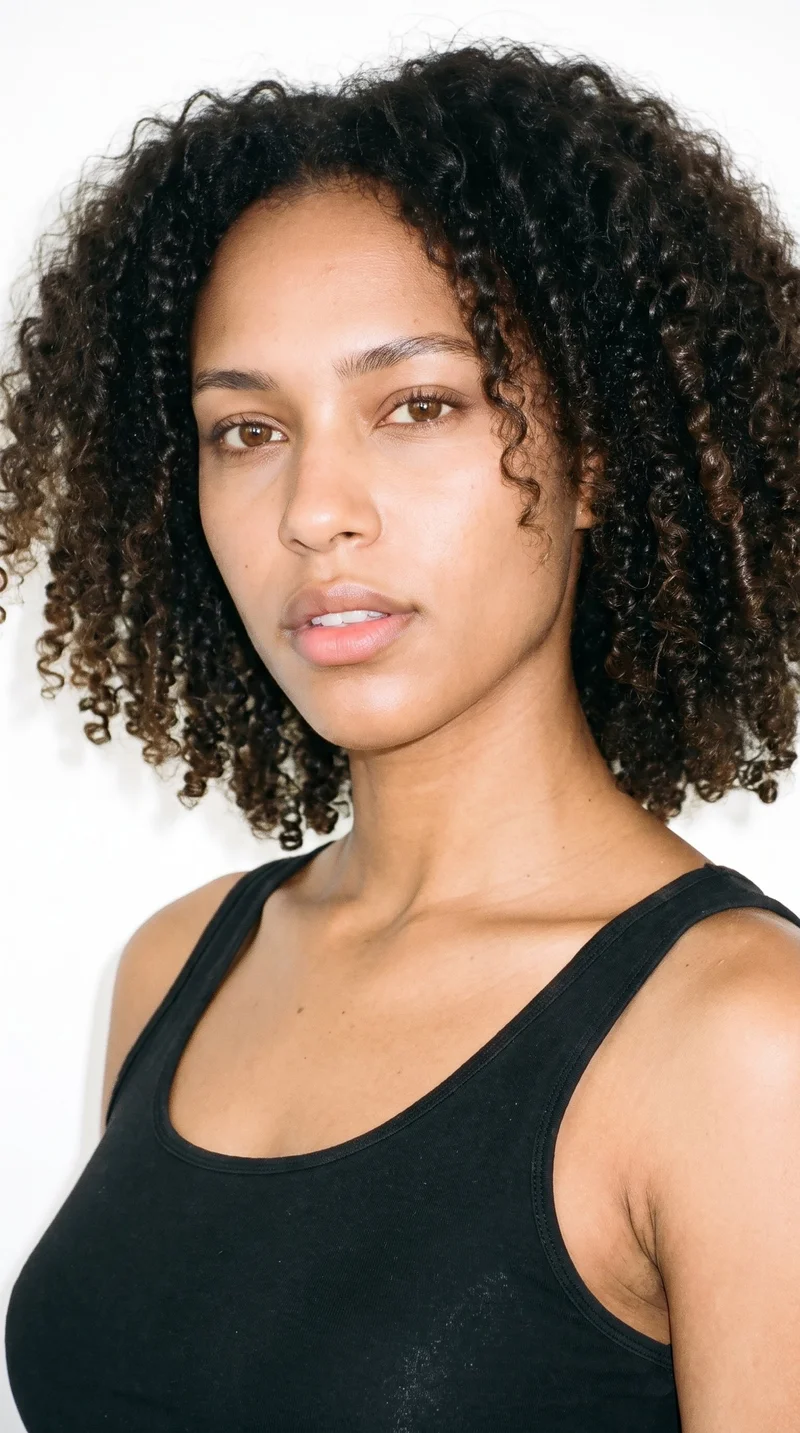 A 22-year-old African woman with golden-brown skin and a cool undertone. Her face is long, with more length than width, a tall forehead, and elongated cheeks. She has medium-thickness eyebrows, brown eyes, and full lips. Her dark-brown hair is styled in defined, springy curls with natural volume.