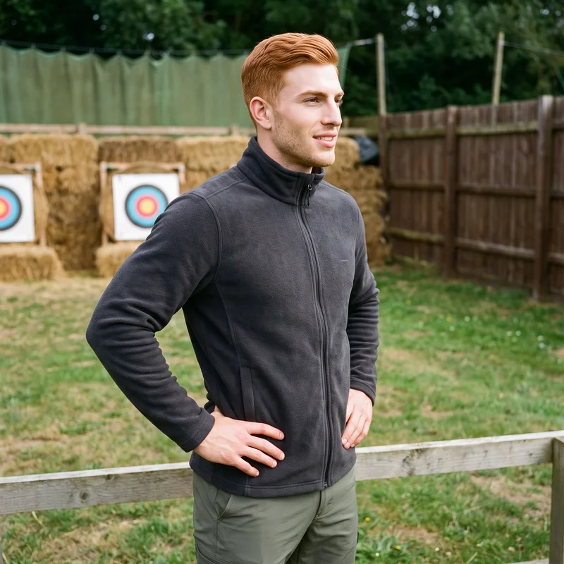 Men's Black Fleece Jacket, Three-quarter length at Side, Clean Catalog lighting