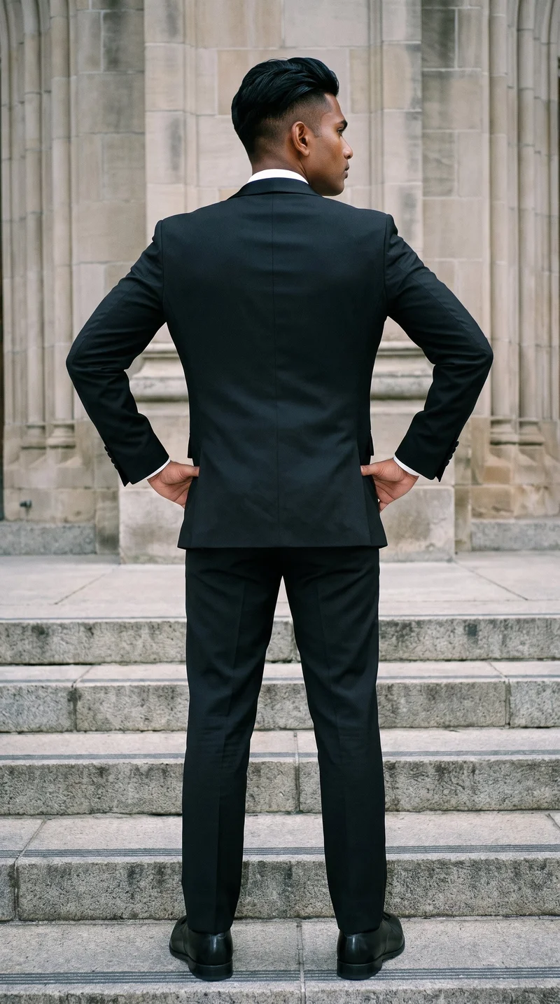 An 18-year-old Indian male model is shown full body from the rear wearing a black classic tuxedo, with his hands on his hips. Cathedral steps form the backdrop.