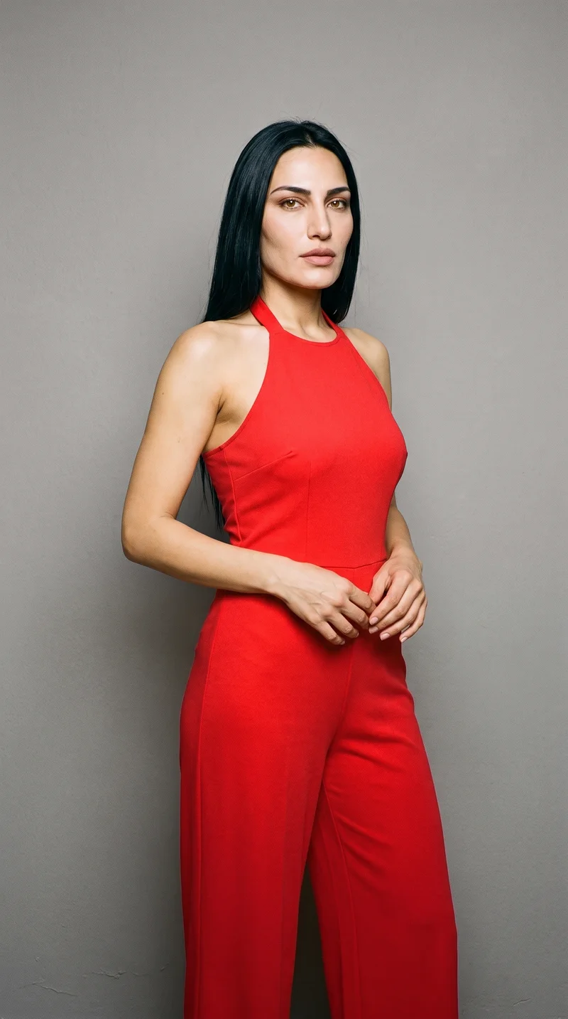 Red Halter Jumpsuit, Three-quarter length at Three-quarter, Clean Catalog lighting