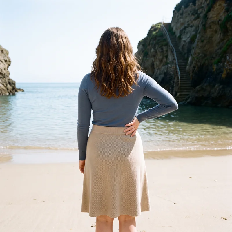 A 20-year-old Caucasian woman is shown from the back in a three-quarter-length view wearing a beige knit midi skirt. One hand rests on her lower back, with a beach cove hidden stairway serving as the backdrop.