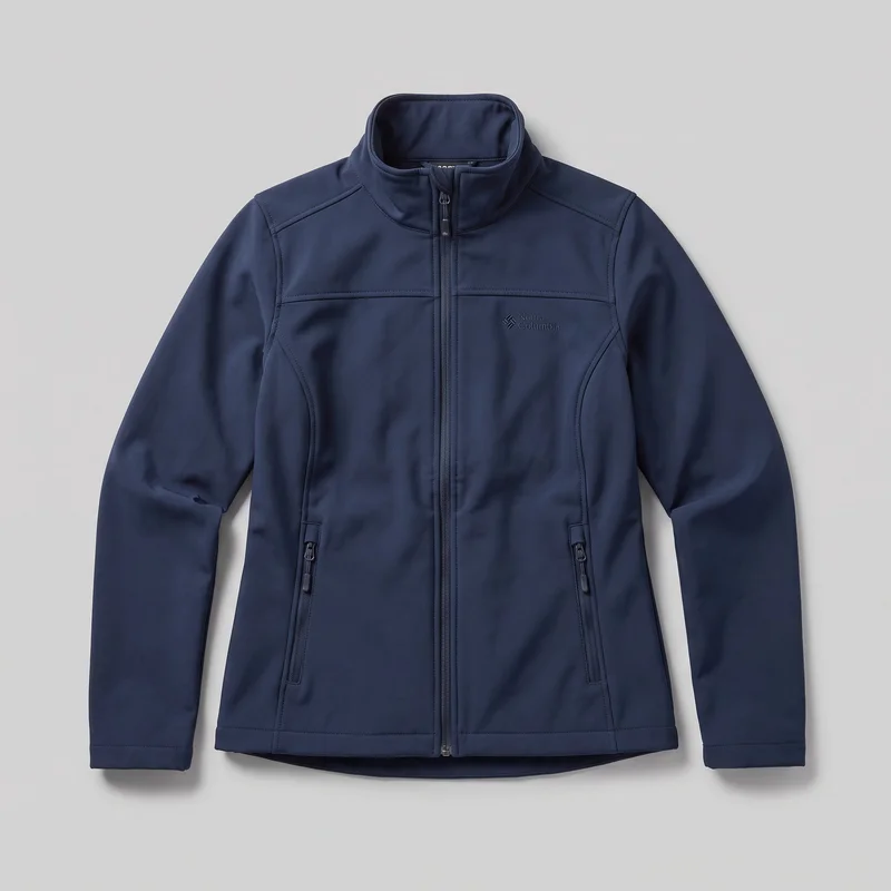 A women's navy softshell-style jacket is shown laid flat in a standalone front view. It has a full-length center zipper, a high stand collar, long sleeves, curved panel seams, a small embroidered logo and wordmark on the left chest, and two lower zip hand pockets set into angled welt openings. The hip-length jacket has a mostly straight front hem with a slightly dropped curved back hem visible at the bottom.