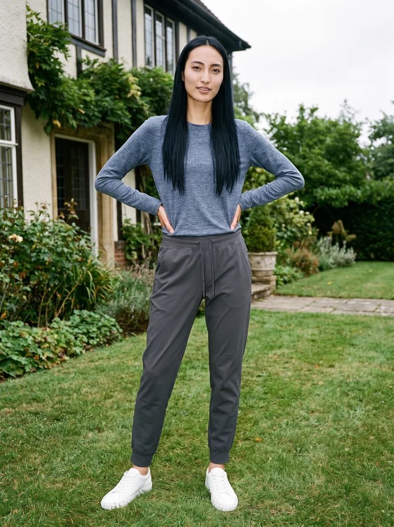 A 25-year-old Japanese woman wears women's charcoal tech joggers in a full-body front view, standing with a wide stance and a curious expression. An English countryside manor serves as the backdrop.