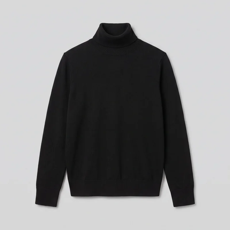 A black women's turtleneck pullover sweater is shown laid flat in a standalone front view. It has a straight silhouette, full-length body, folded ribbed high neckline, set-in shoulders, long sleeves with ribbed cuffs, a plain fine-gauge knit surface, and a straight ribbed hem. No closures, pockets, logos, prints, patches, embroidery, or embellishments are visible.