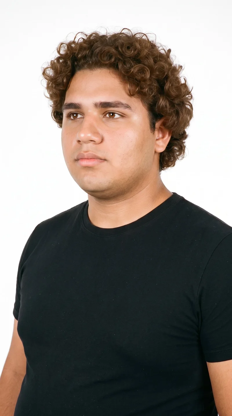 A 19-year-old Hispanic man with medium-brown skin and an olive-green undertone. His triangular face has a wide jaw that narrows toward the forehead, emphasizing the lower face. He has thick eyebrows, brown eyes, medium lips, and a smooth, clean-shaven face. His medium-brown hair forms defined, springy curls with natural volume.