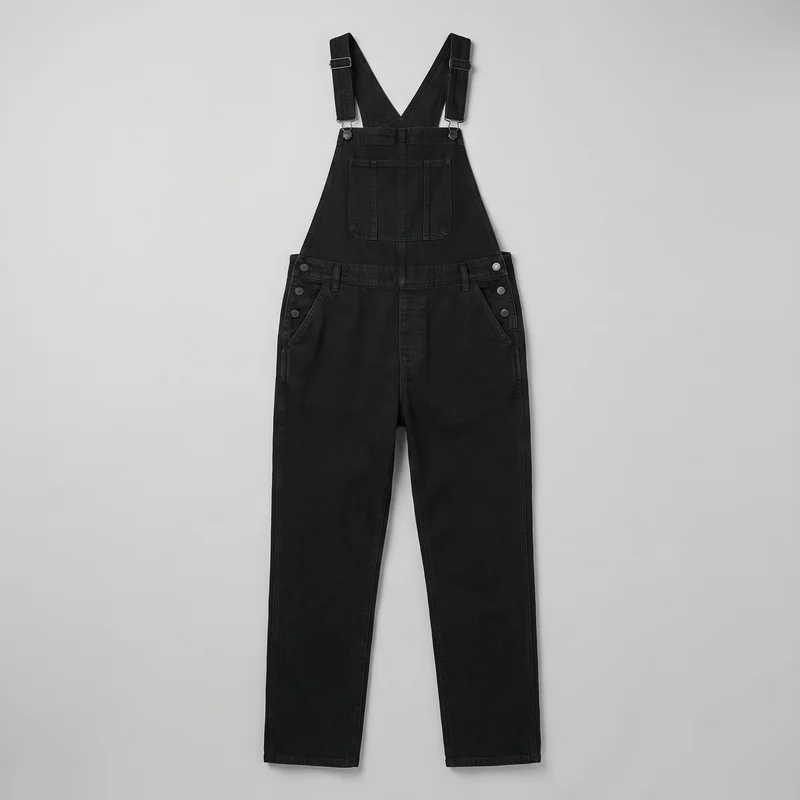 Men's black denim bib overalls shown in a flat full-front view. The garment has a square bib with a large divided patch pocket, wide adjustable shoulder straps with slider buckles and hook-style fastenings, side buttons at the hips, slanted hip pockets, belt loops, a front fly placket seam, and full-length straight legs with plain hems.