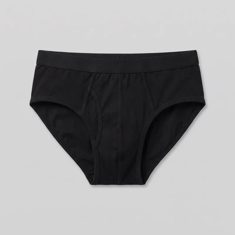 A pair of men's black brief underwear is shown in a single front flat-lay view. The mostly complete briefs have a close-fitting cut, a mid-rise wide elastic waistband, high-cut leg openings, a full front pouch, curved overlapping fly and pouch panels with stitched binding, a central vertical pouch seam, side front seams, and double-stitched bound leg openings. No logos, prints, patches, embroidery, or embellishments are visible.