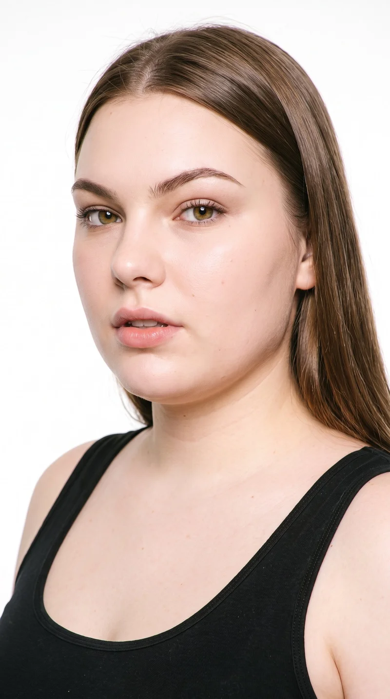 A 19-year-old Caucasian woman with fair skin and a peach undertone has a heart-shaped face, with a wider forehead narrowing to a more pointed chin. Her medium-thickness eyebrows frame hazel eyes with green-gold flecks, and she has full lips. Her neutral brown hair is straight, smooth, and divided evenly at the centre.