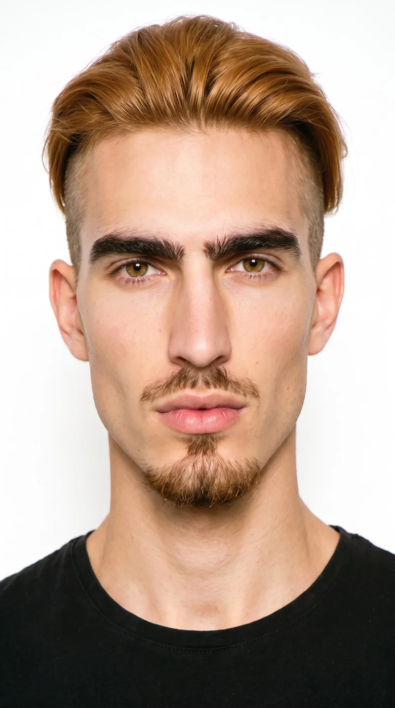 A 25-year-old Caucasian man with medium skin and a neutral undertone has a Roman face shape marked by strong classical features, a prominent nose line, and a defined jaw. His thin eyebrows frame amber eyes with a golden tone, and he has full lips. His honey-blonde hair is styled in an undercut, with longer hair on top and markedly shorter sides and back. A compact goatee covers his chin, while his cheeks are clear.