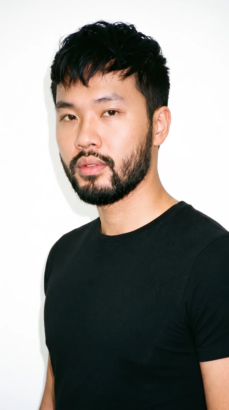 A 29-year-old Southeast Asian man with lightly tanned fair skin and a neutral undertone. His round face has soft, full contours with gentle curves and few angles. He has thin eyebrows, brown eyes, and full lips. His black hair is styled in a short textured crop with layered texture on top and closely cut sides. An evenly grown, connected full beard covers his cheeks, jaw, and chin.