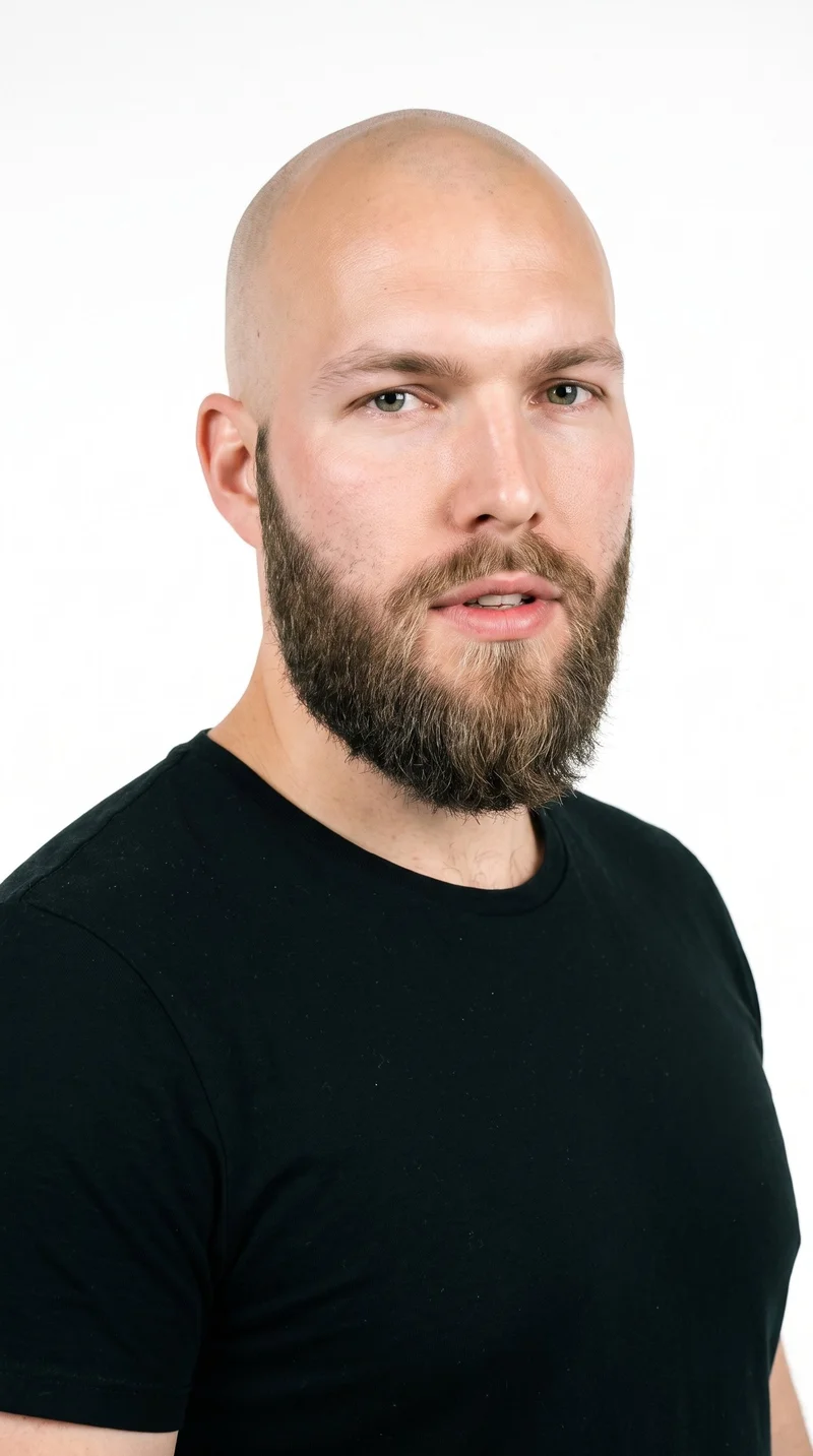 A 26-year-old Caucasian man with fair skin and a peach undertone. His diamond-shaped face has a narrow forehead and jaw, with the greatest width at the cheekbones. He has thin eyebrows, blue eyes with a cool undertone, and medium lips. His scalp is bald with no visible hair, and he has a full beard grown evenly and continuously across the cheeks, jaw, and chin.