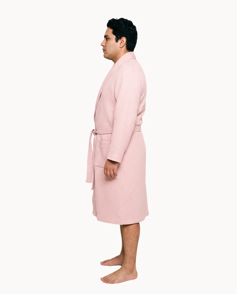 Men's Blush Pink Robe, Full body at Side, Studio Cutout lighting