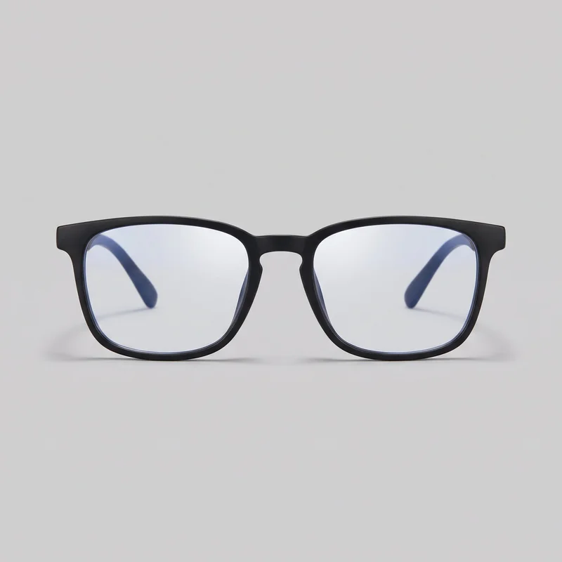 Black full-rim eyeglasses shown from the front as a standalone product. The glasses have a balanced square lens shape with gently rounded lower corners, a thick upper rim, squared outer brow corners, transparent lenses, and temples extending backward through the lenses.