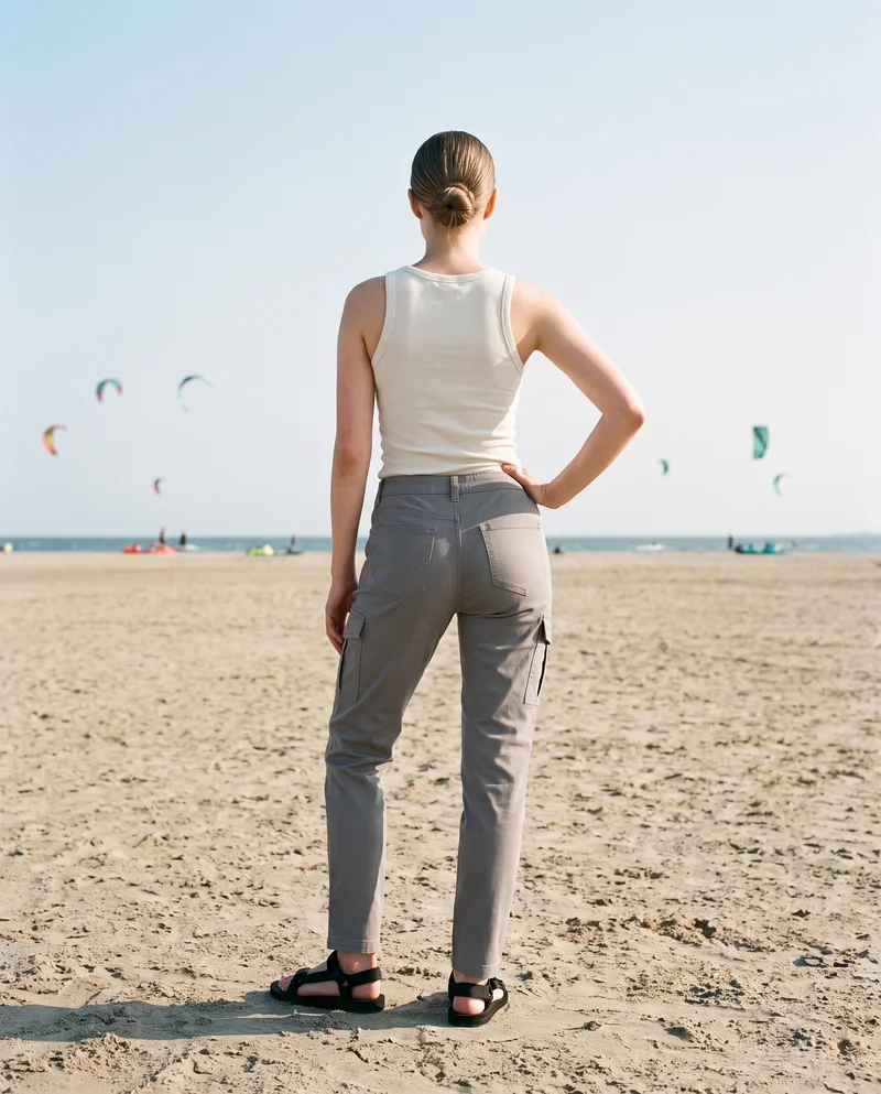 A 20-year-old Caucasian woman wears women's grey cargo pants, shown from the back with her weight shifted backward. The full-body environmental framing places her against a kitesurfing beach backdrop.